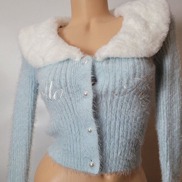Hello Kitty & Friends X Forever 21 Blue Knit Cardigan W/Faux Fur Collar & Cuff - Picture 14 of 16